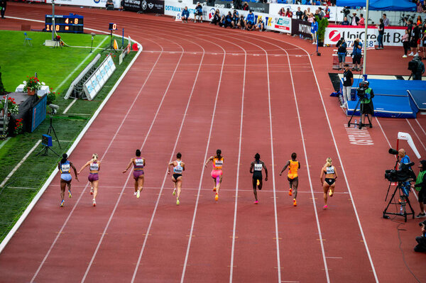 OSTRAVA, CZECHIA, MAY 28, 2024: Power and Speed. Group of Female Athletes in a High-Stakes 100m Sprint to the Finish. Pre race before summer olympics Paris 2024 and European Championship