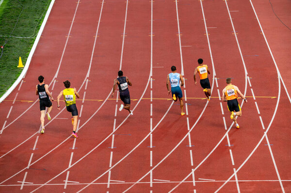 OSTRAVA, CZECHIA, MAY 28, 2024: Top Male Runners Begin Their 200-Meter Race with Fierce Precision