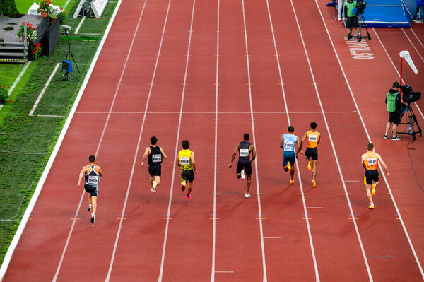 OSTRAVA, CZECHIA, MAY 28, 2024: Male Athletes Commence High-Stakes 200-Meter Track Competition. Pre race before summer olympics Paris 2024 and European Championship