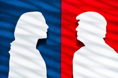 NEW YORK, ABD, 30 AUGust, 2024: 2024 ABD Başkanlık Seçimleri için Görsel Metafor: Kırmızı ve Mavi 'de Kamala Harris ve Donald Trump' ın Kağıt Kesiği Siluetleri