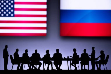 High-Level Talks on USA and Russia Relations. World leaders meet to address tensions and seek solutions for peace. clipart