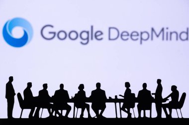 CALIFORNIA, ABD, 10 Ekim 2024: Google Company Bussiness toplantısından Deep Mind. İş adamlarının silueti masanın arkasında oturup tartışıyor..