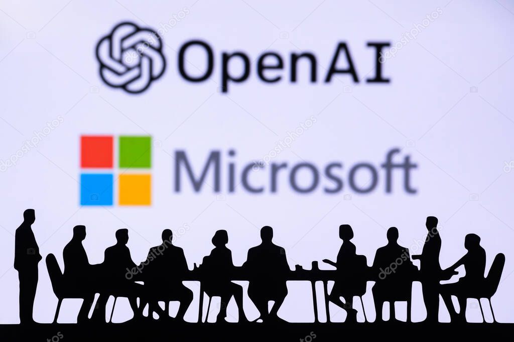 SAN FRANCISCO, USA, OCTOBER 10, 2024: Open AI and Microsoft CEO Business and Visionary Meeting. Key decision-makers gathered in a conference room, discussing market expansion, with a company logo