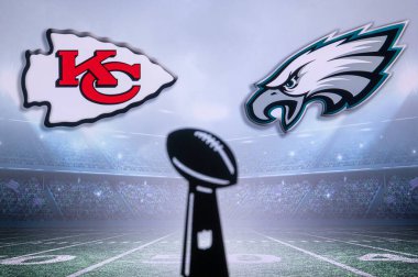 NEW ORLEANS, ABD, JANUARY 27, 2025: Vince Lombardi kupa silueti Kansas City Chiefs vs. Philadelphia Eagles, Super Bowl LIX for season 2024, NFL Final, American Football game