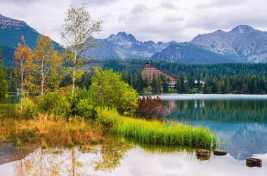 Arka planda dağ olan bir göl. Su sakin ve berrak. Gölün etrafında ağaçlar ve çalılar var.
