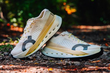 VİANNA, AUSTRIA, 5 Mayıs 2025: Taze Cloudultra Pro beyaz iz ayakkabıları karbon plakalı canlı orman ayarı