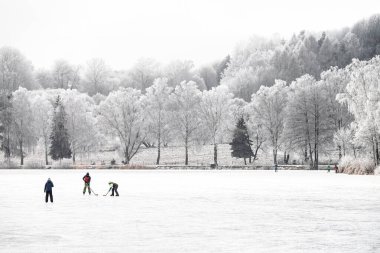 Laughter echoes as kids glide over the icy pond surrounded by snowy trees and fields.