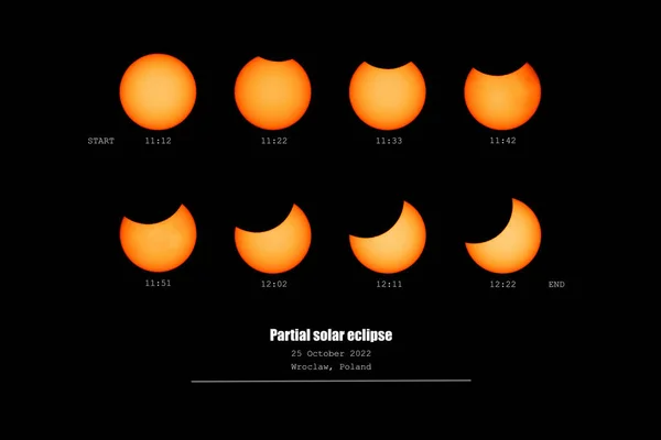 stock image Partial solar eclipse, gradual phases of the moon's shift up to its maximum position, observation from Poland. The moon obscures the disk of the sun, creating a characteristic indentation on it.