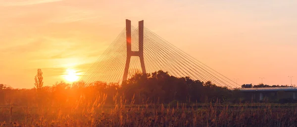 夜遅くに夕日 オレンジの空の光線によって照らされた橋パイロン Odra川の上のWroclaw Redzinski橋 — ストック写真