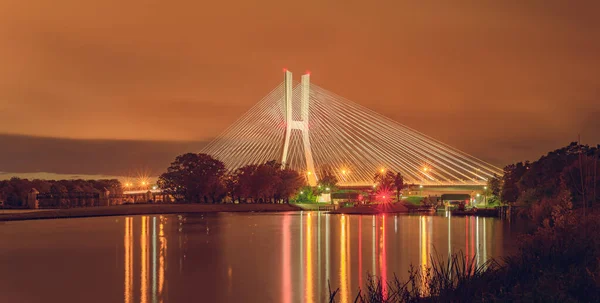 Wroclaw Ponte Redzinski Sobre Rio Odra Estrutura Iluminada Noite Com — Fotografia de Stock