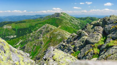 Slovakya 'daki Low Tatras' ta Chopok tepesi. Alçak Tatras Ulusal Parkı 'ndaki dağlarla ve vadilerle tepeden manzara. Yürüyüş yolları olan kayalık dağlar.