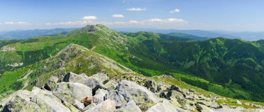 Slovakya 'daki Low Tatras' ta Chopok tepesi. Alçak Tatras Ulusal Parkı 'ndaki dağlarla ve vadilerle tepeden manzara. Yürüyüş yolları olan kayalık dağlar.