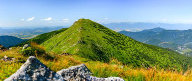 Slovakya 'nın Low Tatras şehrinde dağ manzarası. Bir dağ sırtı boyunca yürürken dağ tepeleri ve vadileri manzarası. Alp bitkileriyle kaplı yamaçlar, güneşli yaz günü