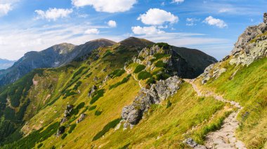 Polonya Tatra Dağları, dağ zirvelerine uzanan yüksek dağ yürüyüşleri vadileri ve yamaçları olan dağ manzarası güneşli bir yaz günü manzarası..