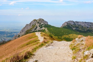 Polonya Tatra Dağları, dağ zirvelerine uzanan yüksek dağ yürüyüşü yolları, vadileri ve yamaçları olan dağ manzaraları, güneşli bir yaz günü manzarası..
