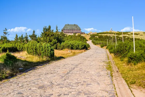 Karkonosze Dağları, Batı Sudetleri 'ndeki Szrenica barınağı, barınağa giden geniş bir dağ yolu, güneşli bir yaz gününde yüksek dağlı bitki örtüsü olan dağ manzarası..