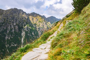 Polonya Tatra Dağları, dağ zirvelerine uzanan yüksek dağ yürüyüşleri vadileri ve yamaçları olan dağ manzarası güneşli bir yaz günü manzarası..
