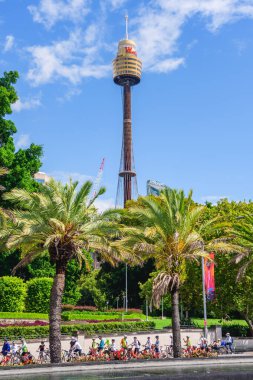 Sydney, Avustralya - 04 Mart 2023: Sydney Tower Eye, tüm şehir manzaralı bir turist merkezi, parkın yakınında bir sürü bisikletçi, Cook + Phillip Park manzaralı.