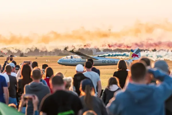 stock image Leszno, Poland - June, 22, 2024: Antidotum Airshow Leszno, Red Bull Blanix-Team LET L-13 Blanik plane. After the show, the pilot landed at the airport in front of the audience.