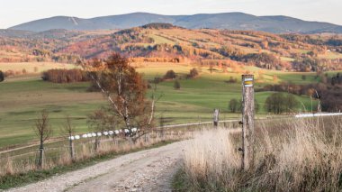 Çek Cumhuriyeti, Stribrnice, dağ manzarası yürüyüş yolu, çakıl yolu. Akşam saatlerinde tepelerin ve tarlaların sonbahar manzarası.