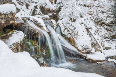 Dağ nehrinde küçük bir şelale, karla kaplı kayalardan aşağı su akıyor. Kış manzarası bir dağ yürüyüşü patikasında.
