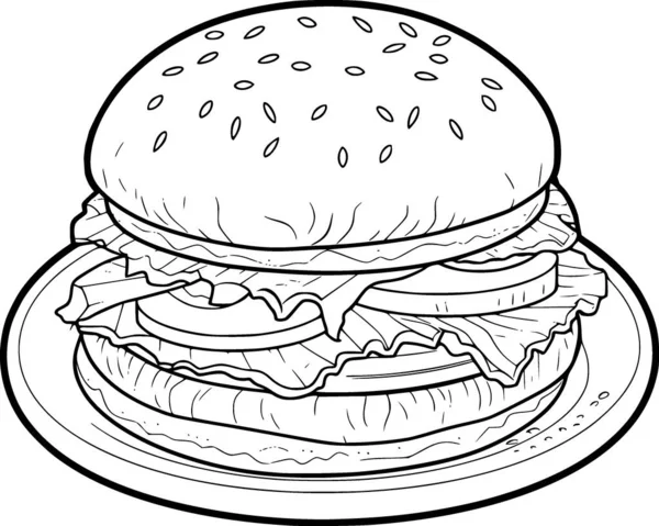 Black White Drawing Burger — Stock Vector