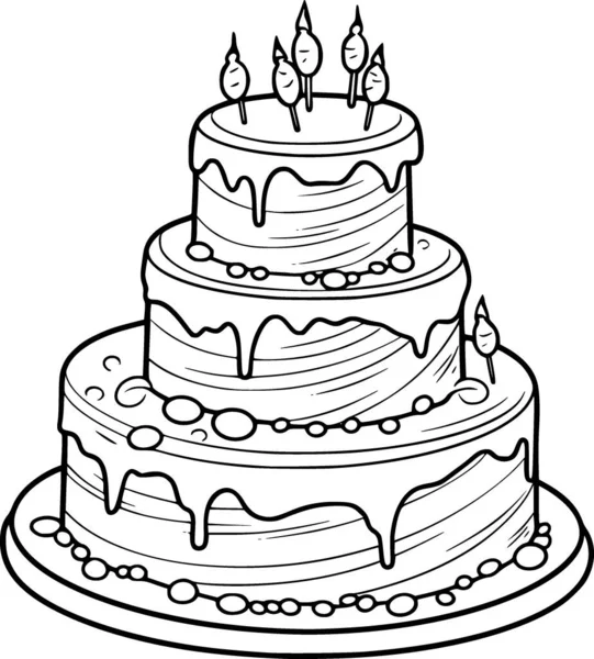 Black White Drawing Birthday Cake — Stock Vector