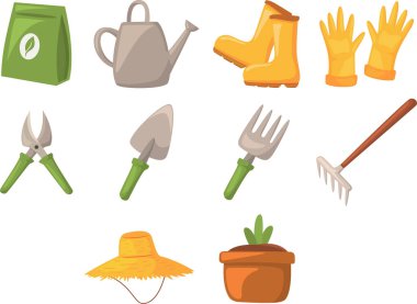 Temel bahçe aletlerinden oluşan bir vektör seti: tohumlar, sulama kutusu, botlar, eldivenler, budama makineleri, mala, çatal, tırmık, şapka ve saksı bitkisi. Bahçe merkezleri veya tarım tasarımı için ideal
