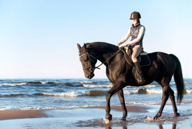Genç bayan binici, deniz / okyanus kıyısında güneş ışığında ata biniyor. Çok renkli, açık havada yatay yaz manzarası ve arka plan ışığı.