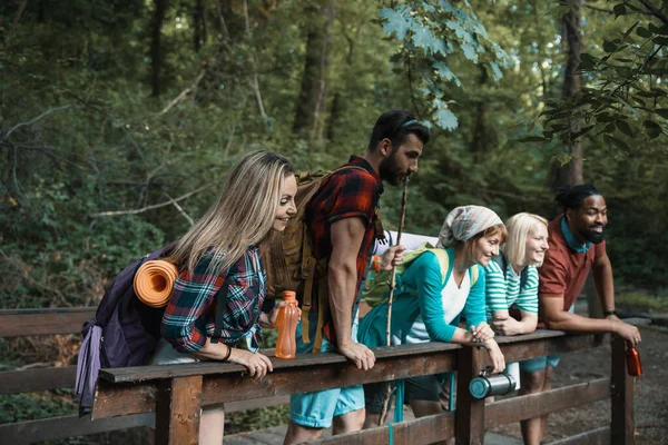 Multiethnic group of hikers in nature. Close up portraits of happy people in woods. Backpacker Friends on tracking in beautiful autumn forest. Copy space