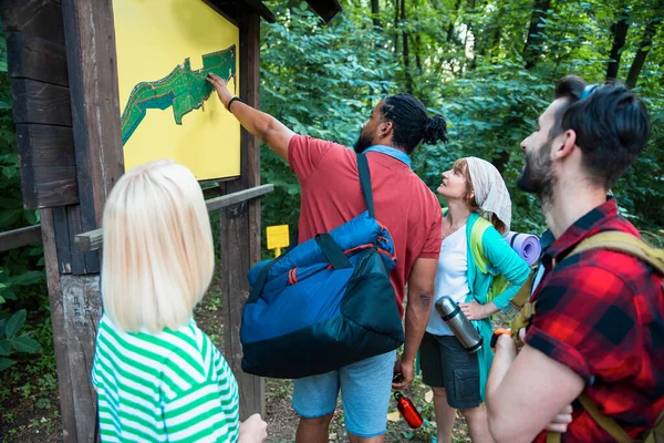 Group of young hikers looking at map on billboard to find the right route in nature trail. Orientation and direction outdoors in the parkland