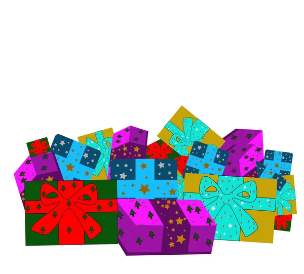 Grande Pilha Caixas Presente Embrulhadas Coloridas Muitos Presentes Estilo Plano — Fotografia de Stock