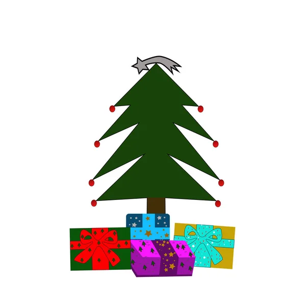 Kerstboom Geschenken Plat Ontwerp Vector Illustratie — Stockfoto
