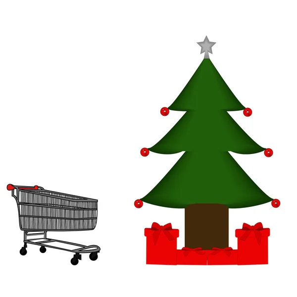 Árbol Navidad Con Decoraciones Con Super Carrito Regalos Navidad — Foto de Stock