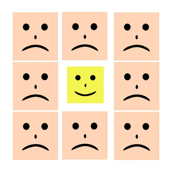 Happy smiling face among many sad faces. Hiding depression, mental health problems or anxiety concept.