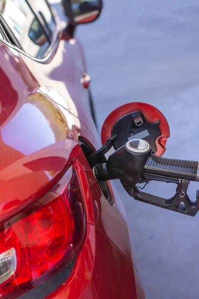 Driver Hand Takes Nozzle Gas Pump Oil Tank Refills Fuel — Stock Photo, Image