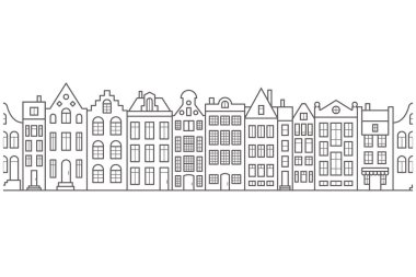 European houses seamless border. Amsterdam buildings row pattern. Street of the city in outline style. Vintage architecture landscape. Vector panorama.