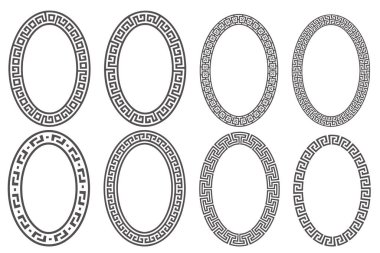 Greek key oval frame set. Circle borders with meander ornaments. Ellipse ancient designs. Vector illustration.