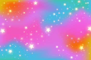 Rainbow fantasy background. Bright multicolored sky with stars and sparkles. Holographic wavy illustration. Vector clipart