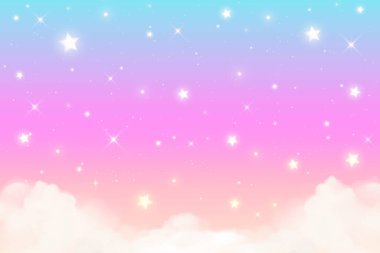 Rainbow unicorn background with clouds and stars. Pastel color sky. Magical pink landscape, abstract fabulous panorama. Cute candy wallpaper. Vector clipart