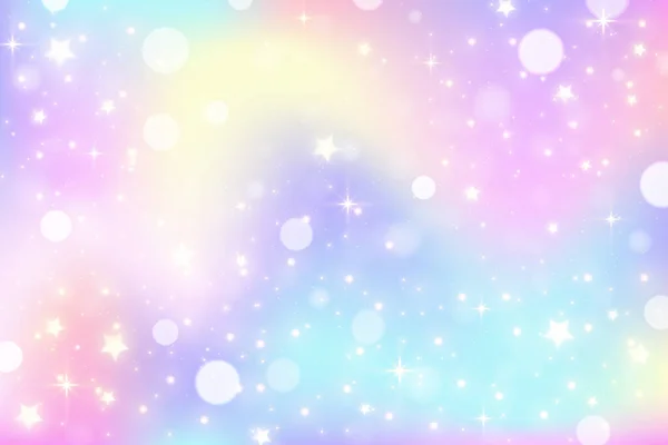 Rainbow Unicorn Background Pastel Wavy Gradient Color Sky Glitter Bokeh — Stock Vector