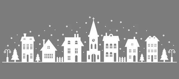 郊外の冬の風景 雪の結晶とスカイラインの家や教会のシルエット 田舎のコテージの家 グリフベクトル図灰色の背景 — ストックベクタ