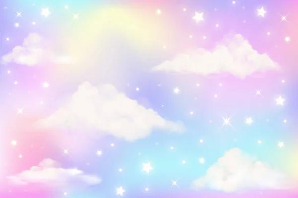 Holograficzna Fantazja Tęczowego Jednorożca Tle Chmurami Pastelowe Kolorowe Niebo Magiczny — Wektor stockowy