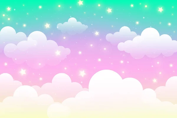 Holografická Fantasy Duha Jednorožec Pozadí Mraky Bublinami Pastelová Barva Oblohy — Stockový vektor