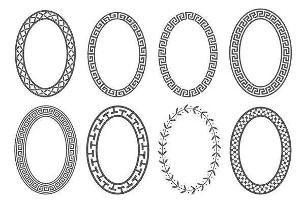 Conjunto Moldura Oval Chave Grega Bordas Círculo Com Ornamentos Meandro — Vetor de Stock