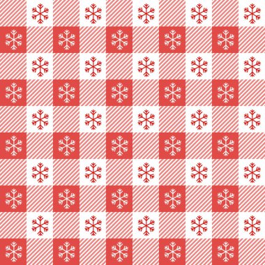 Kar taneleriyle damalı Noel deseni. Kusursuz kırmızı gingham arka planı. İskandinav kış manzarası. Vektör tatil baskısı.