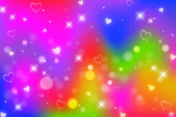 Regnbågsfantasi Bakgrund Ljus Flerfärgad Himmel Med Stjärnor Bokeh Och Hjärtan — Stock vektor