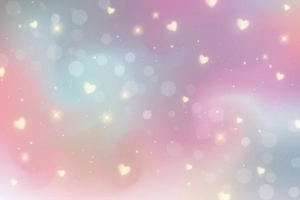 Rainbow Fantasy Background Bright Multicolored Sky Hearts Stars Bokeh Holographic — Stock Vector