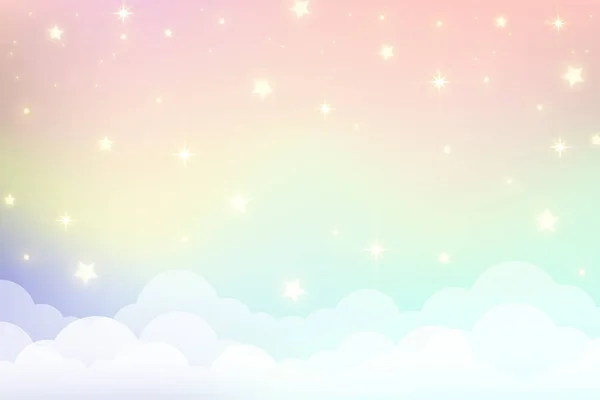 全景奇幻彩虹独角兽背景与云彩和星星 米色的天空 神奇的风景 抽象神奇的图案 可爱的糖果壁纸 — 图库矢量图片