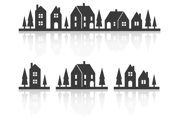 Häusersilhouette Auf Der Skyline Vorstädtische Nachbarschaftslandschaft Landhaus Häuser Mit Spiegelung — Stockvektor